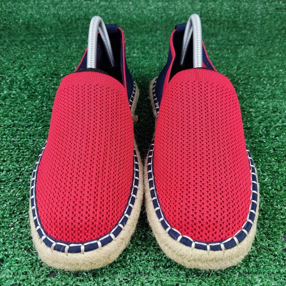 Zara Espadrilles Women Size 40 Red Navy Blue Knit Slip On Colorblock‎ Jute Flats